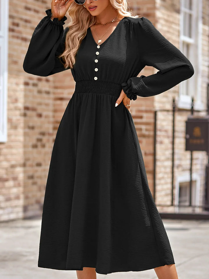 Comfy Elastic Waist V-Neck Long Sleeve Midi Dress
