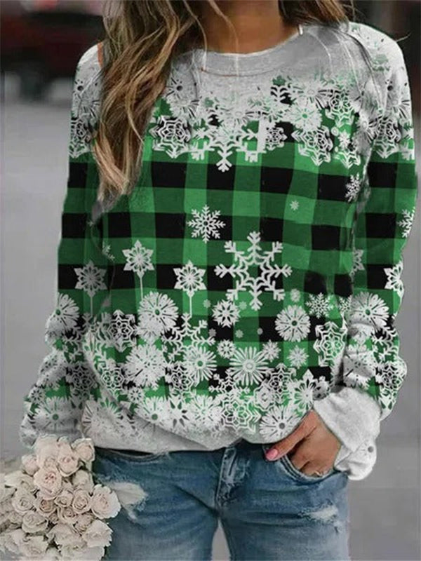 Comfysol Green Casual Graphic Tops Round Neck Long Sleeve Snowflake Printed Xmas Sweatshirts