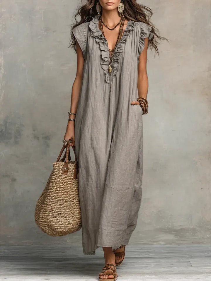 Elegant Ruffled Cotton Linen Dress – Casual Loose Fit Midi Dress