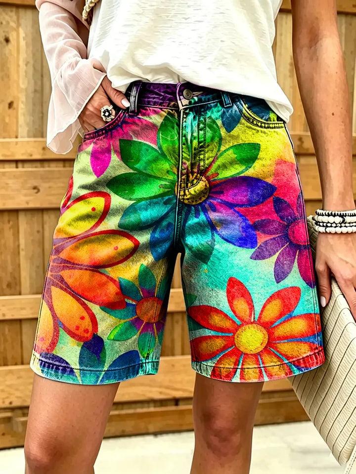 Women's Multi-Color Floral Tie-Dye Printed Cotton Denim Shorts