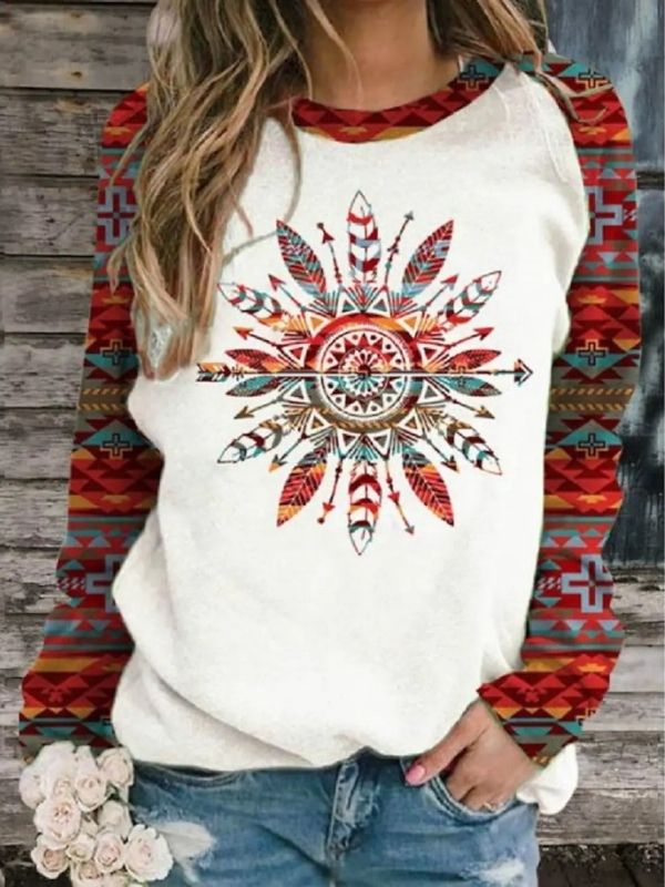 Comfysol White Casual Round Neck Leaves Printed Long Sleeve Sweatshirts