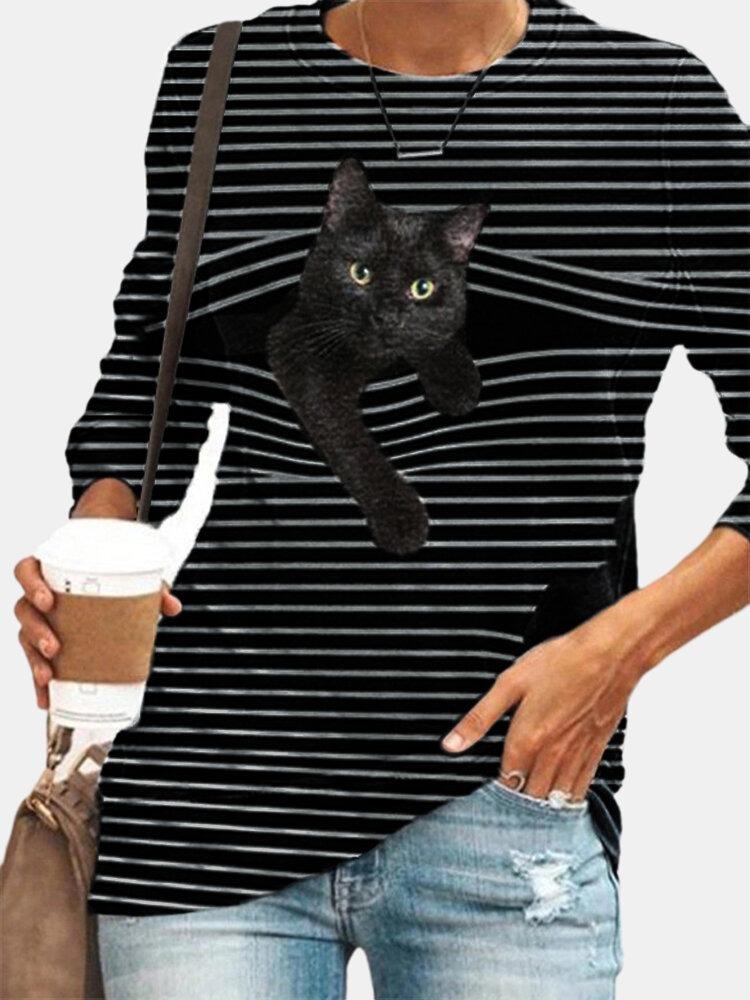 Comfysol Black Cat Print Long Sleeve O-neck White Striped T-shirt