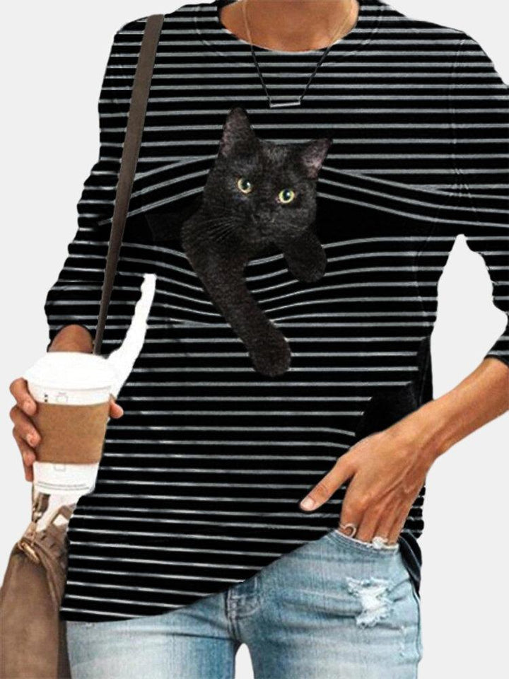 Comfysol Black Cat Print Long Sleeve O-neck White Striped T-shirt
