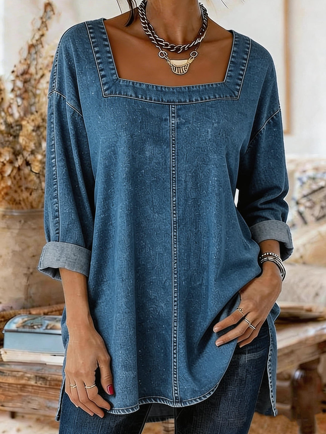 Women's Casual Long-sleeved Square Neck Denim Top