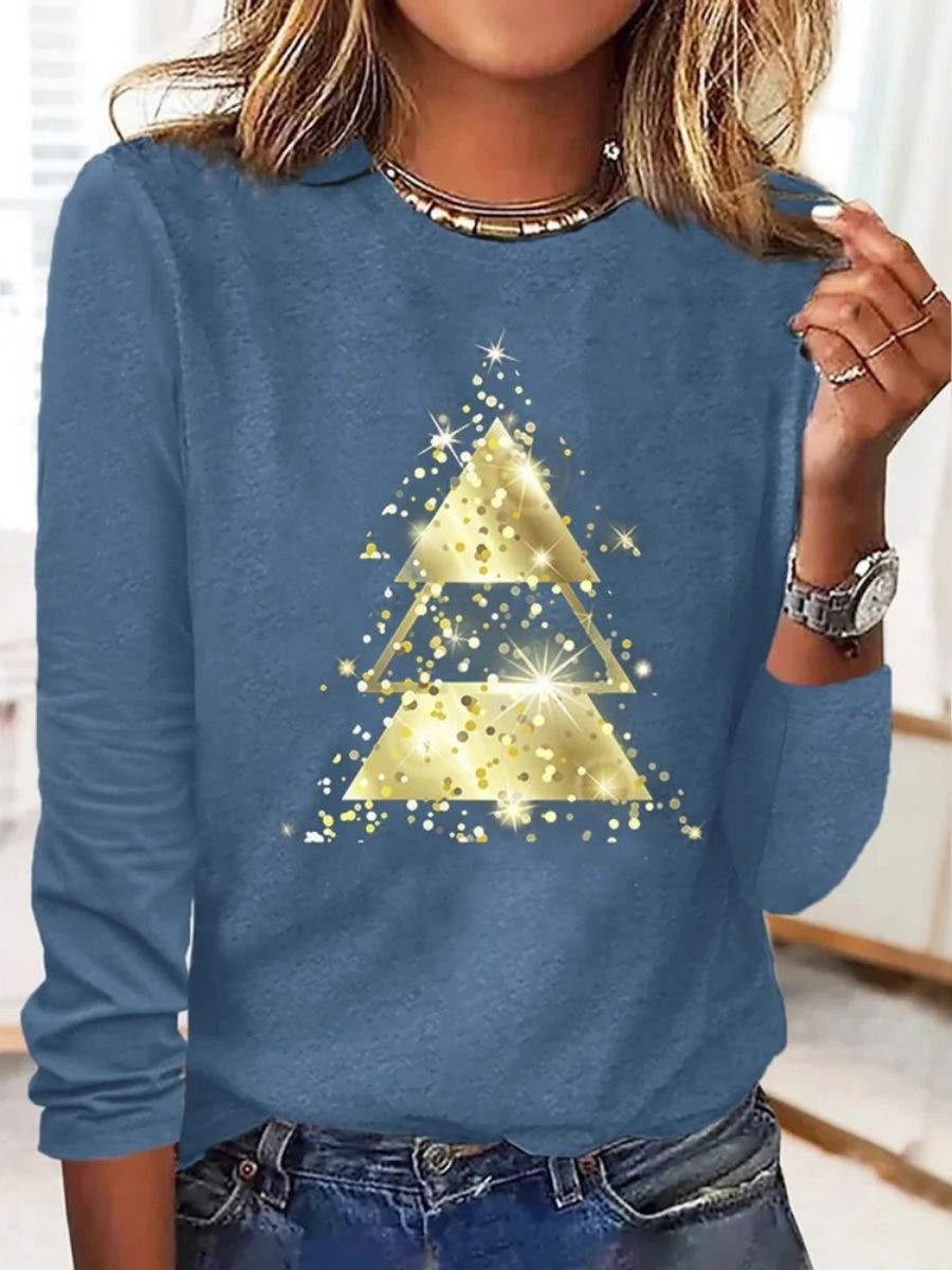 Comfysol Blue Casual Graphic Tops Round Neck Christmas Tree Printed Long Sleeve Xmas Sweatshirts