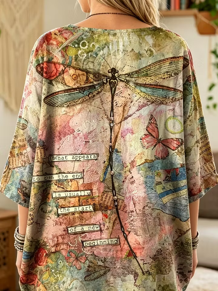 Ethnicity Retro Dragonfly Women's Art Print Casual 3/4 Sleeve Cotton Top