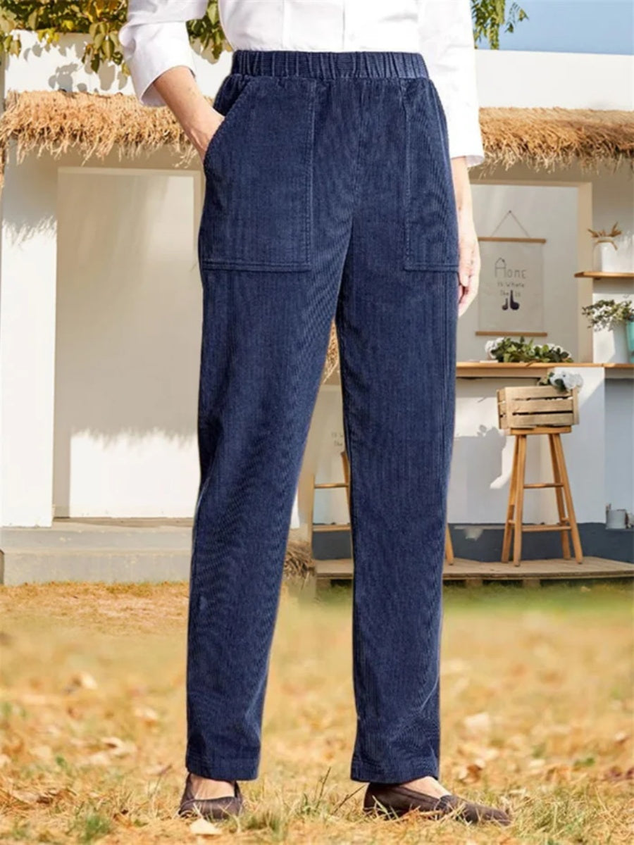 Comfysol Women's Solid Color Elastic Waist Casual Corduroy Straight Leg Pants