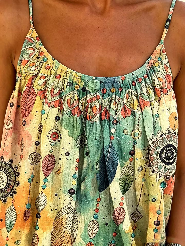 Women's Feather & Bead Watercolor Print Spaghetti Strap Camisole Top