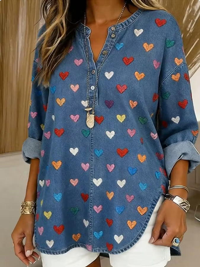 Women'S Casual Color-Block Top With Heart Print And Patchwork Design