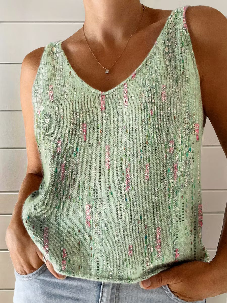 Women's Floral Texture Art Print Casual V-neck Knitting Camisole Top