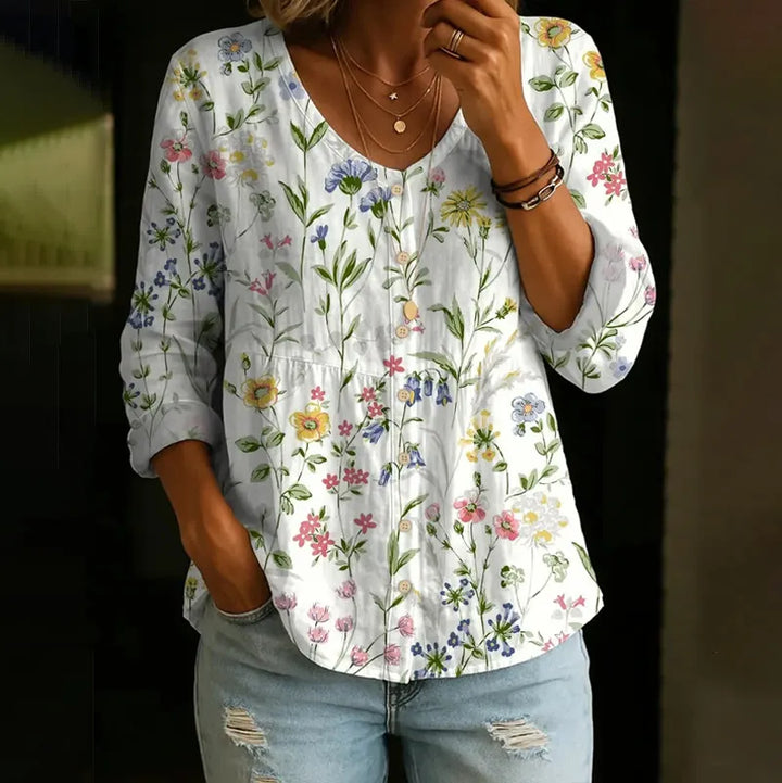 PASTORAL WATERCOLOR FLOWERS AND PLANTS PRINT BUTTON V-NECK A-LINE LONG SLEEVE BLOUSE