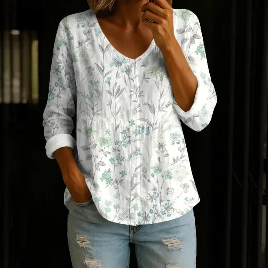 PASTORAL WATERCOLOR FLOWERS AND PLANTS PRINT BUTTON V-NECK A-LINE LONG SLEEVE BLOUSE