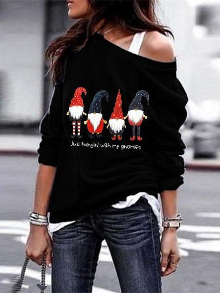Comfysol Santa Printed Long Sleeve Oblique Shoulder Sweatshirt