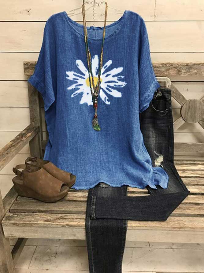 Comfysol Short Sleeve Crew Neck Shift Sunflower Print Casual Blouse