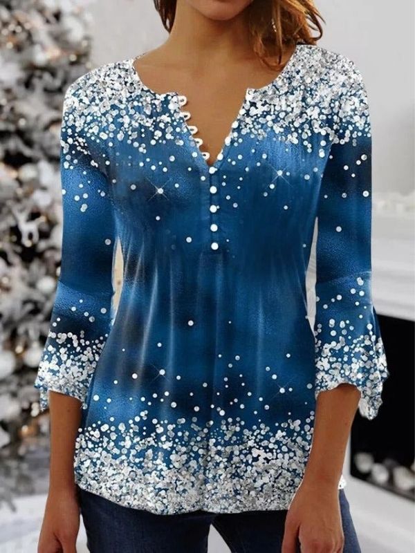 Comfysol Blue Casual Graphic Tops V-neck Long Sleeve Snowflske Printed Xmas Sweatshirts