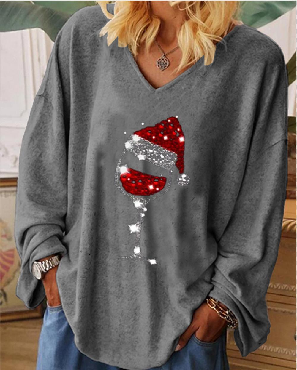 Comfysol Christmas Wine Glass Print Long Sleeve T-shirt