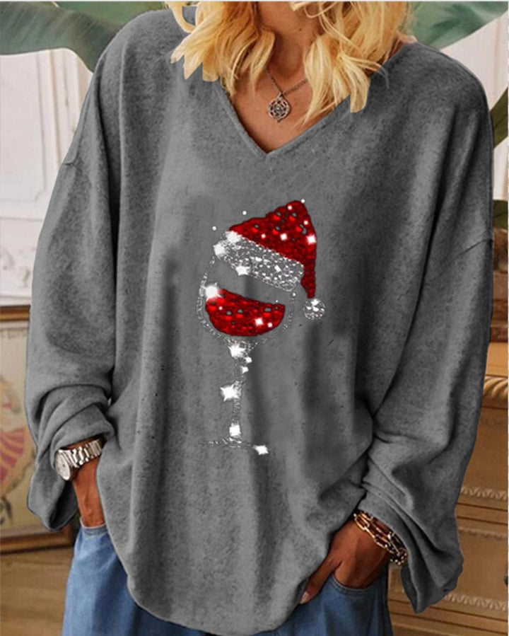 Comfysol Christmas Wine Glass Print Long Sleeve T-shirt