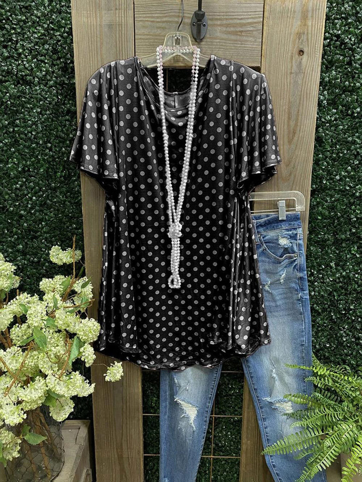 Comfysol Polka Dot Ruffles Round Neck Short Sleeve Casual Blouse