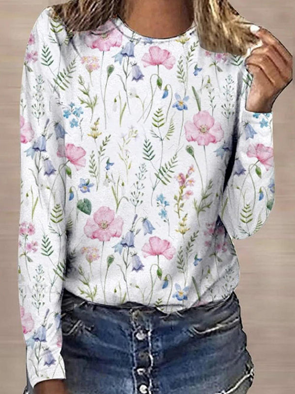Comfysol White Casual Graphic Tops Round Neck Long Sleeve Floral Printed Sweatshirts