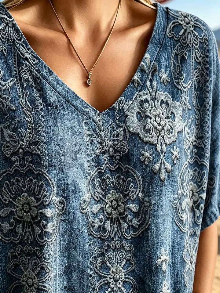 Women's Floral Print Cotton V-Neck Loose Top