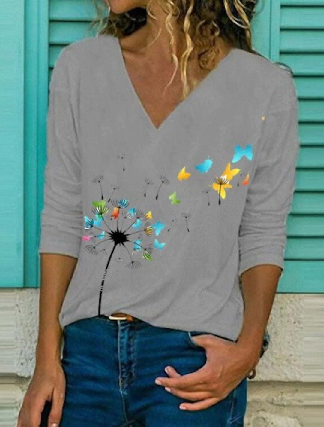Comfysol Women's Floral Butterfly Print Long Sleeve V-neck Blouse