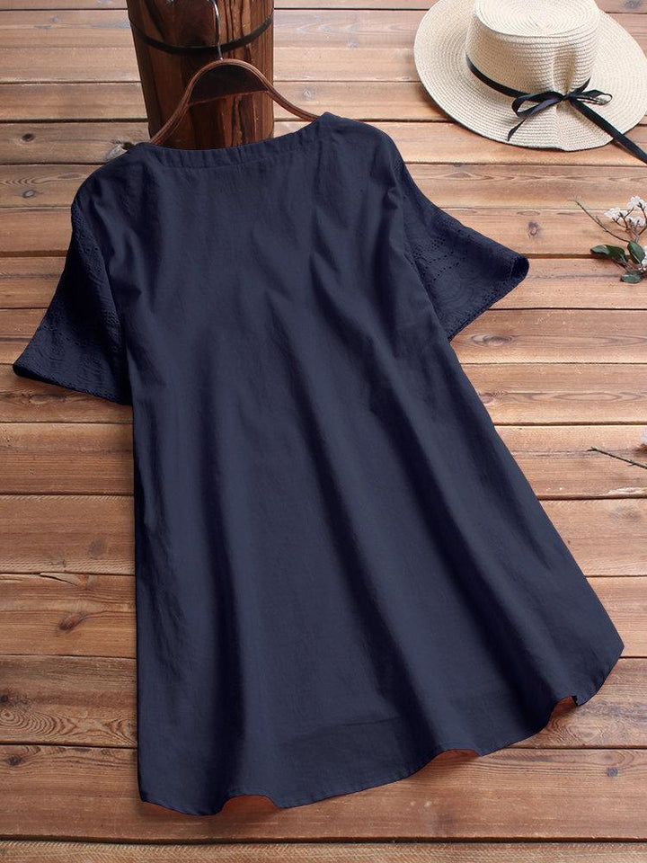 Comfysol Bohemian Embroideried Short Sleeve Button Casual Blouse