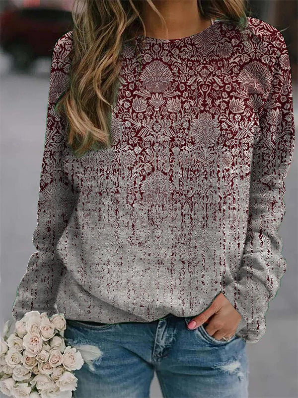 Comfysol Red Casual Graphic Tops Round Neck Long Sleeve Floral Printed Sweatshirts