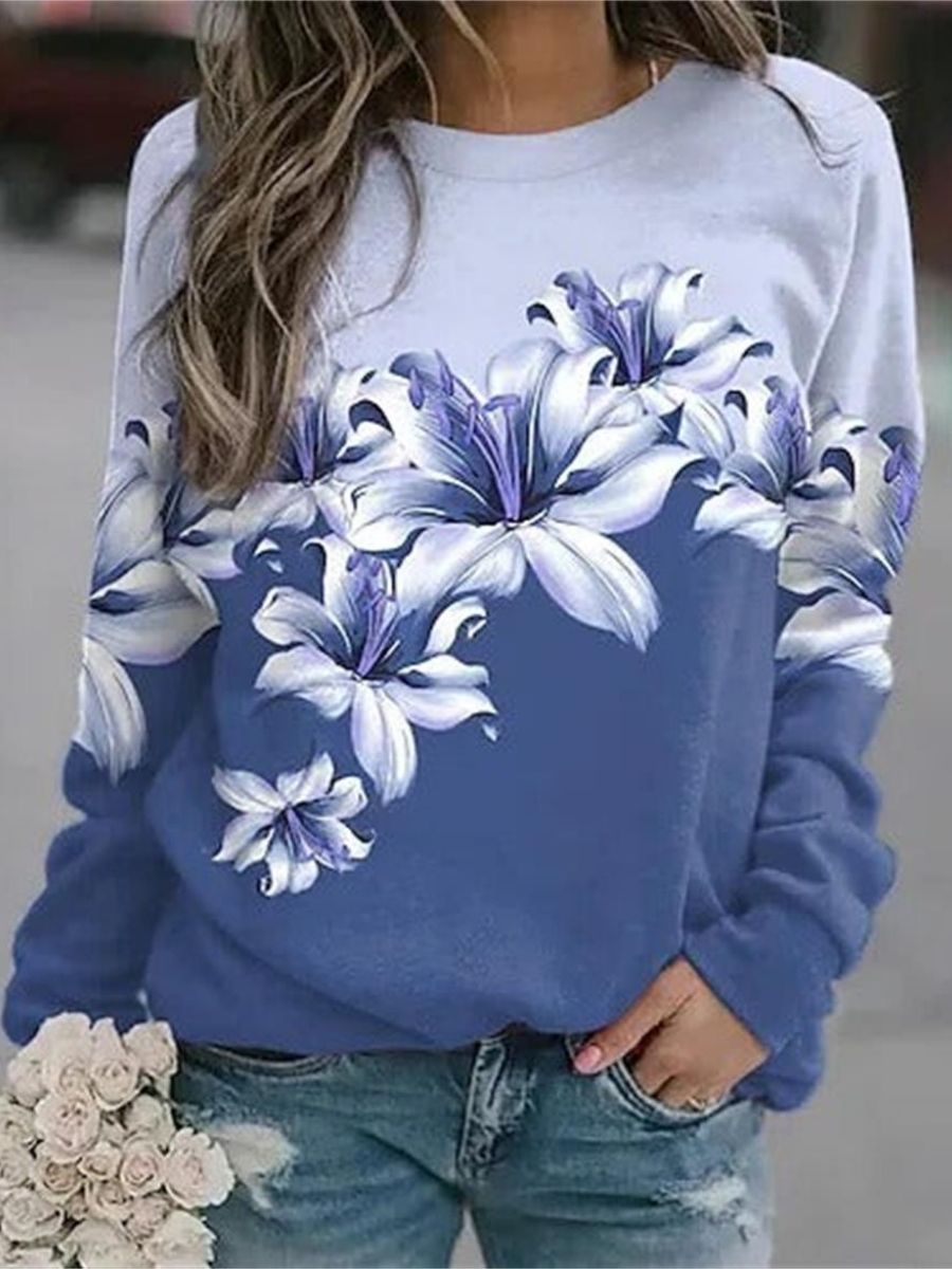 Comfysol Blue Casual Graphic Tops Round Neck Floral Printed Long Sleeve Sweatshirts