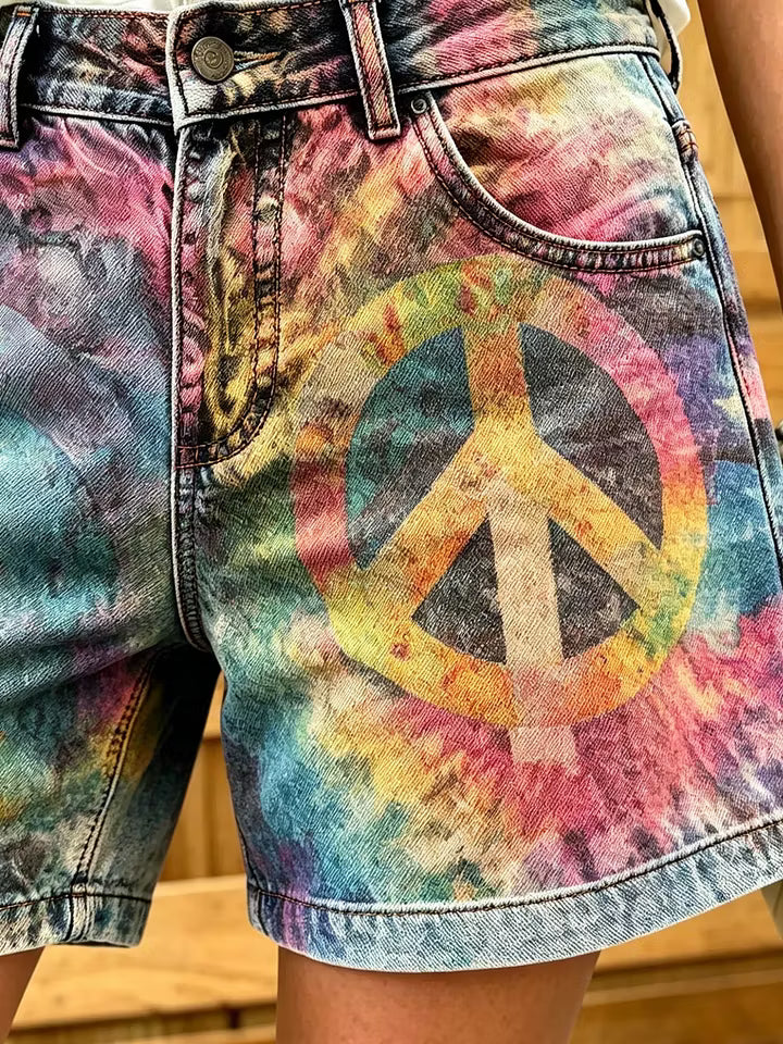 Women's Peace Symbol Tie-Dye Art Print Cotton Denim Shorts
