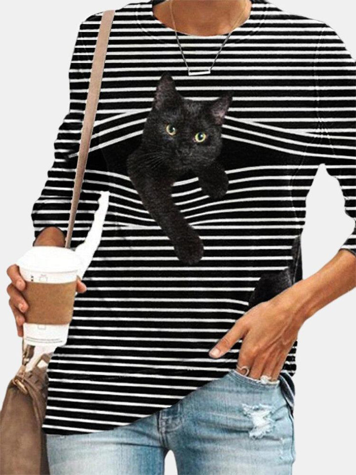 Comfysol Black Cat Print Long Sleeve O-neck White Striped T-shirt