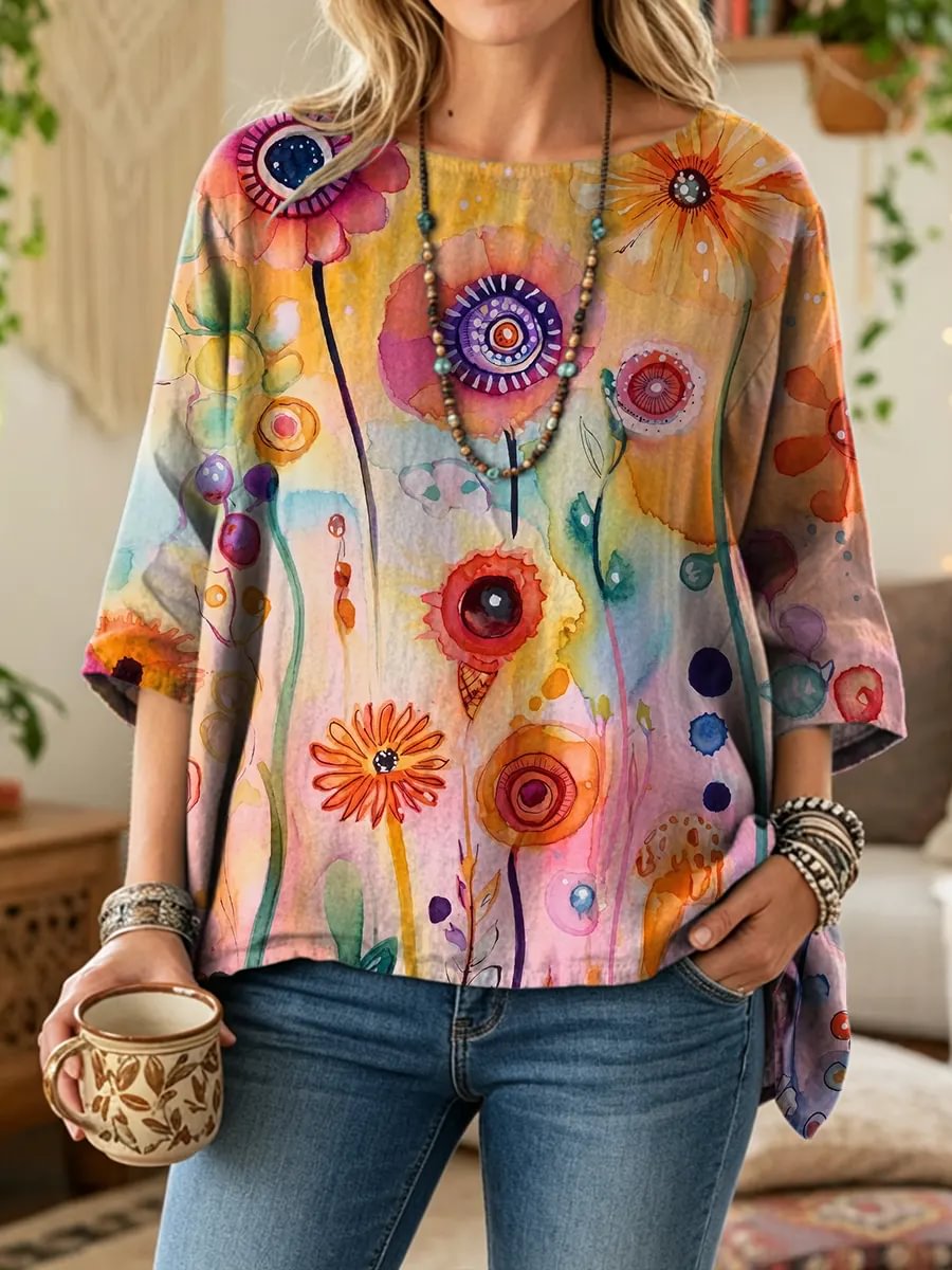 Ethnicity Watercolor Flowers Geometry Women's Art Print Casual 3/4 Sleeve Cotton Top