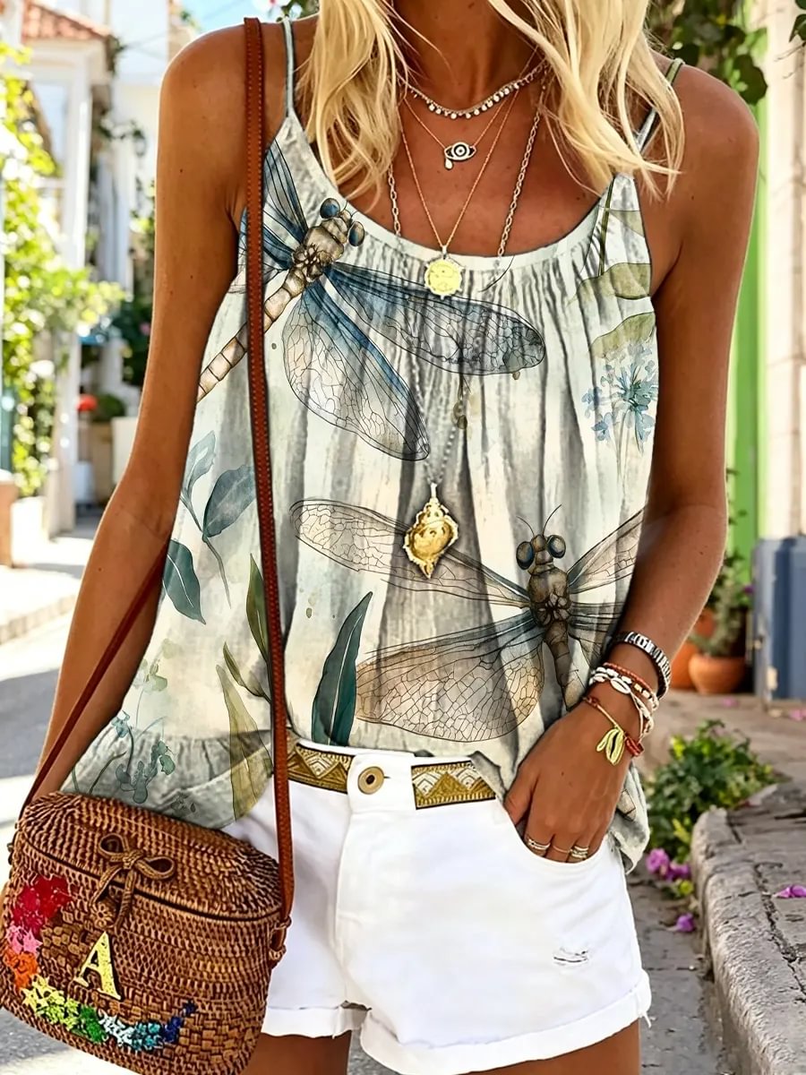 Women's Dragonfly Watercolor Art Print Spaghetti Strap Camisole Top