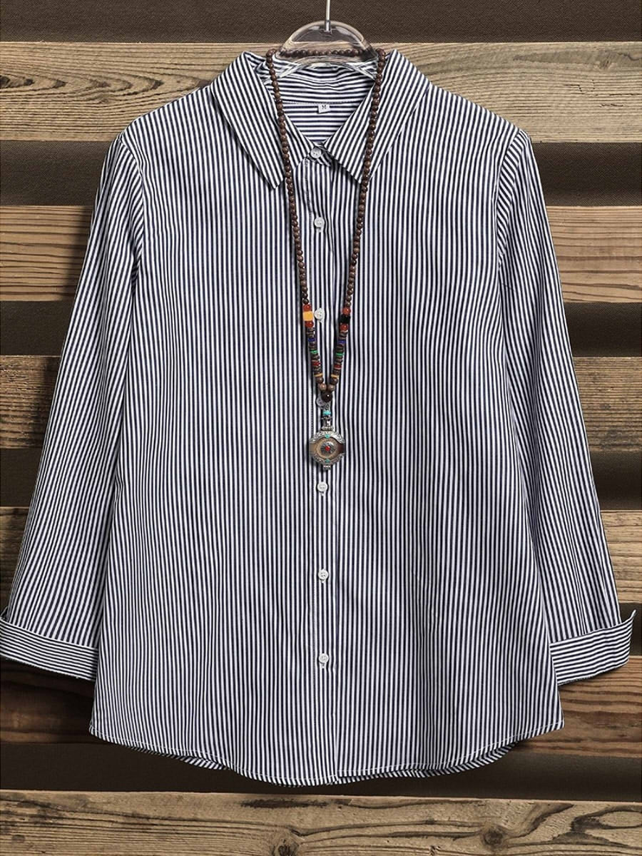Comfysol Stripe Buttons Casual Collared Shirt