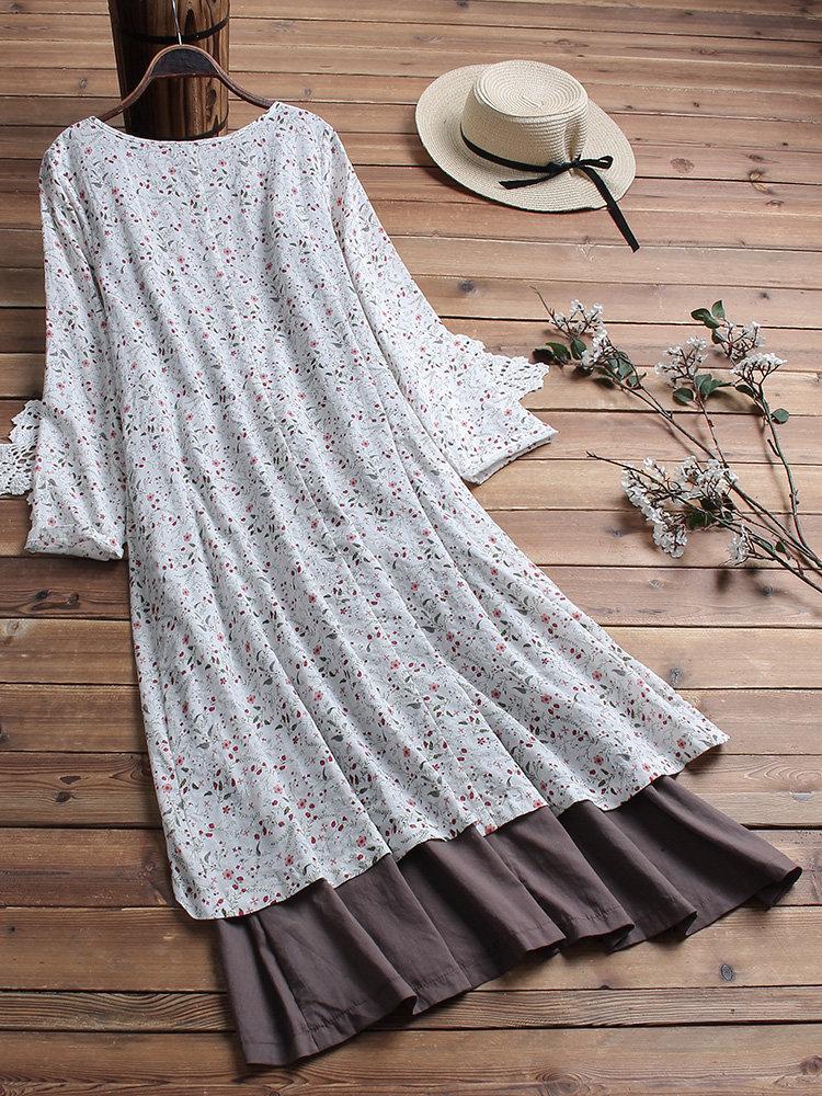 Comfysol Vintage Patchwork Print V-Neck Maxi Dress with Pockets