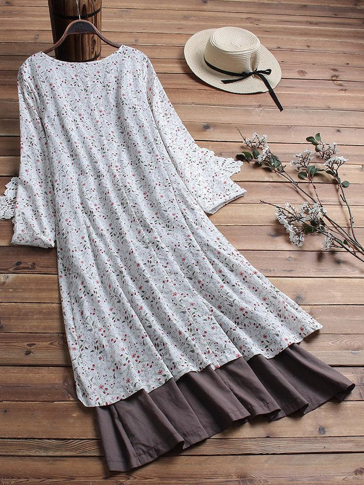 Comfysol Vintage Patchwork Print V-Neck Maxi Dress with Pockets