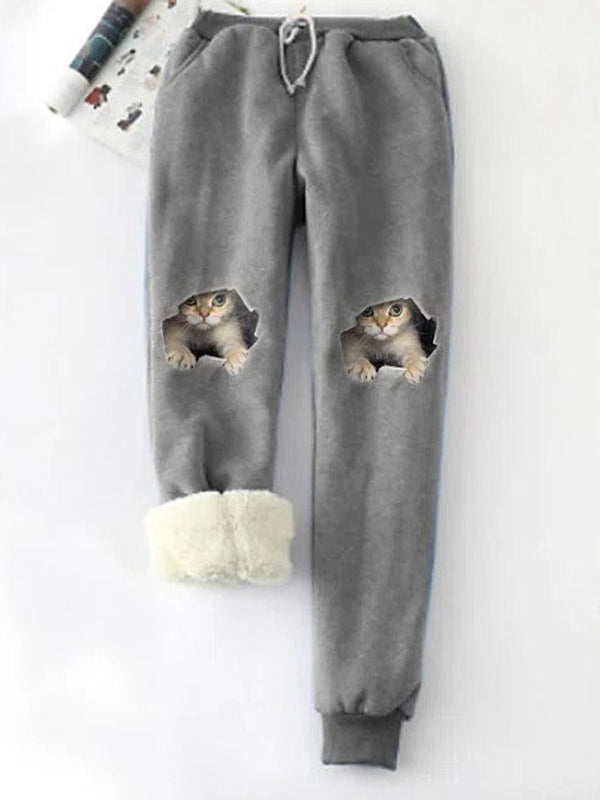 Comfysol Gray Casual Graphic Bottoms Cat Printed Fleece Pants