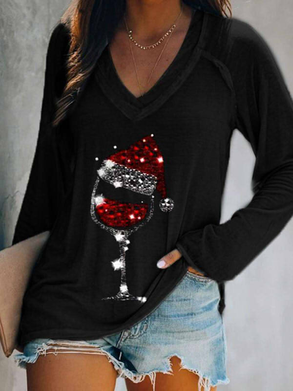 Comfysol Women's Christmas Wine Glass Print Long Sleeve T-shirt