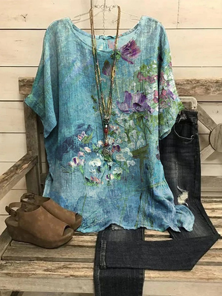 Comfysol Blue Casual Graphic Tops Round Neck Floral Printed Short Sleeve Blouse