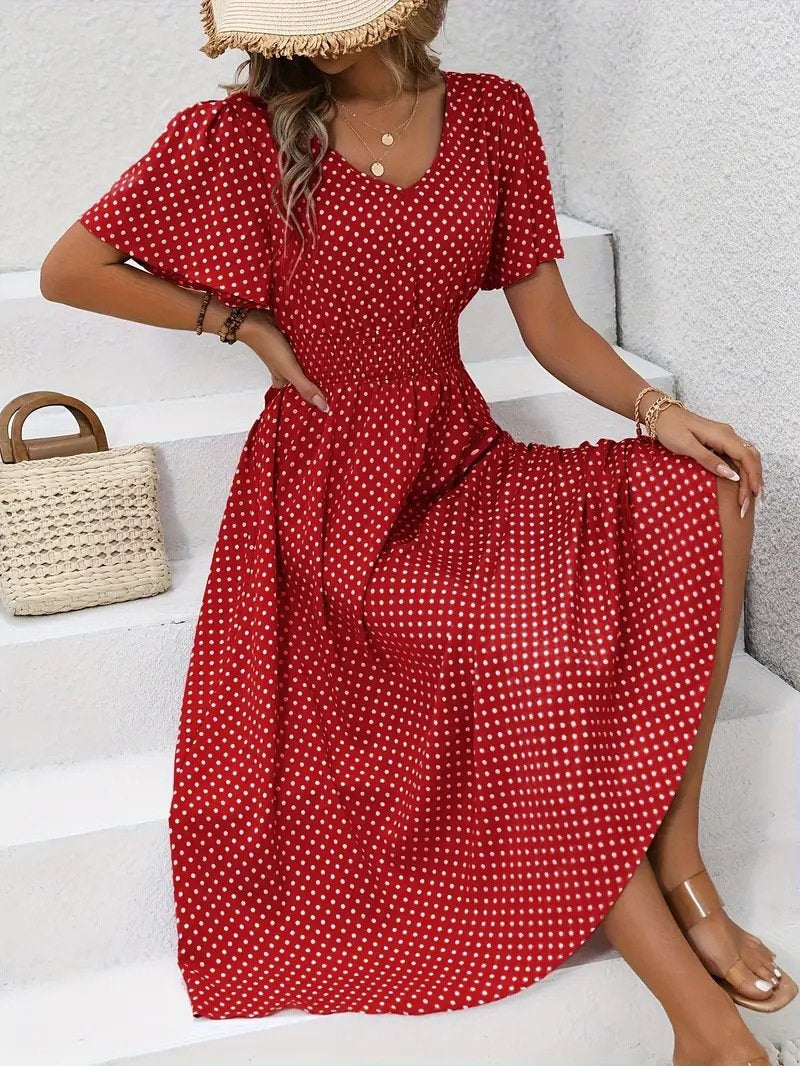 Women Polka Dots Short Sleeve V Neck Printing Dress Daily Casual Maxi Tank A-Line Summer Dress