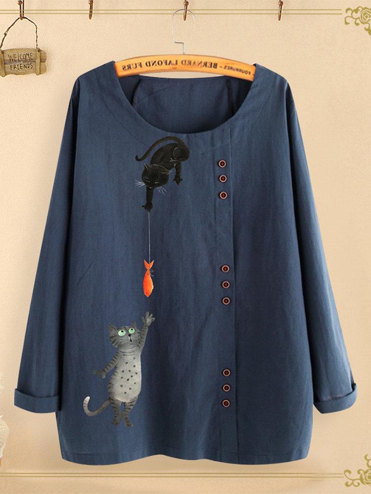 Comfysol Button Cartoon Cat Print Long Sleeve Blouse