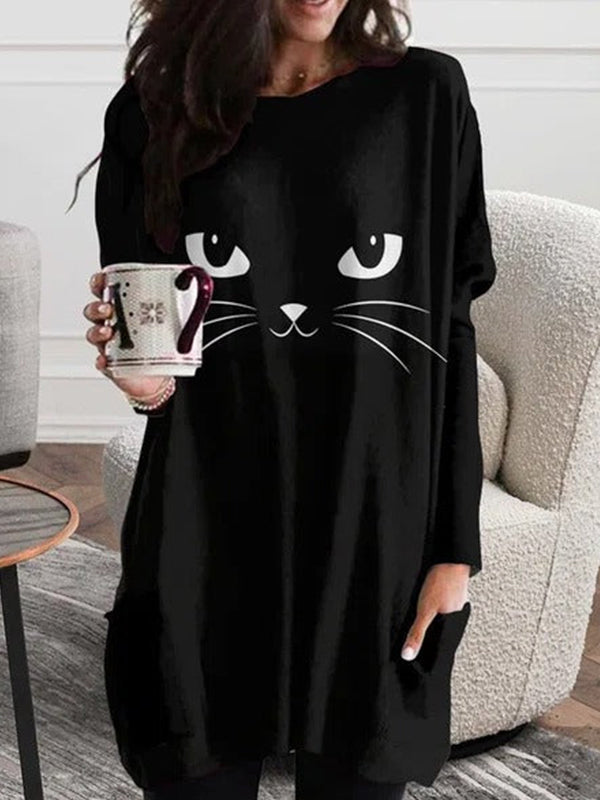 Comfysol Black Casual Graphic Tops Round Neck Long Sleeve Black Cat Printed Sweatshirts