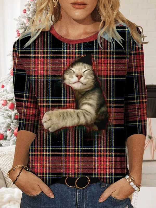Comfysol Red Casual Graphic Tops Round Neck Long Sleeve Cat Printed Plaid Sweatshirts