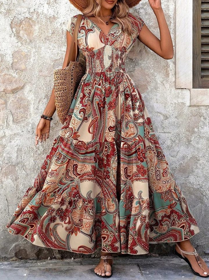 Women Geometric Short Sleeve V Neck Printing Dress Daily Vintage Maxi Fit & Flare Dress A-Line Summer Dress