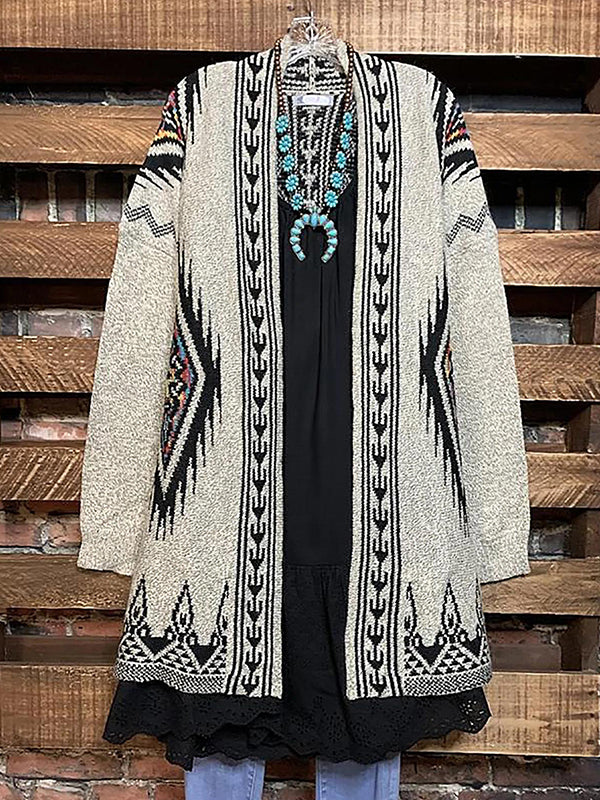 Comfysol Khaki Casual Long Sleeve Geometric Printed Cardigan