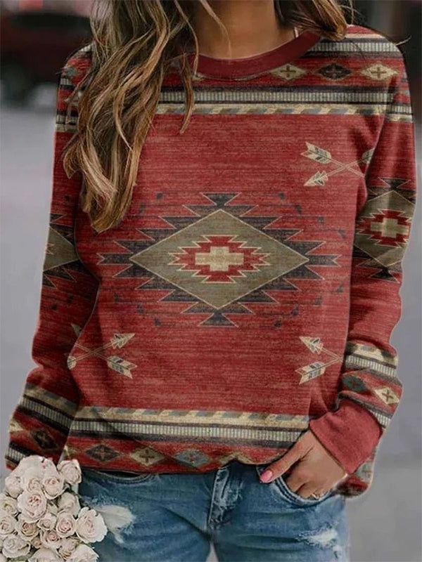 Comfysol Red Casual Round Neck Long Sleeve Geometric Printed Sweatshirts
