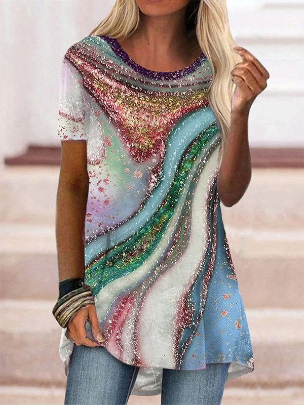 Comfysol Casual Round Neck Short Sleeve Abstract Printed Blouse