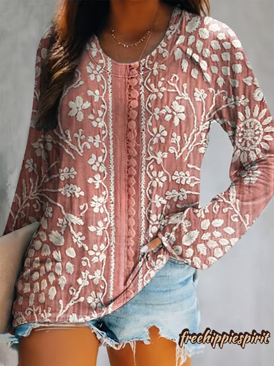Women's Ethnic Floral Art Print Casual Crew Neck Long Sleeve Tops
