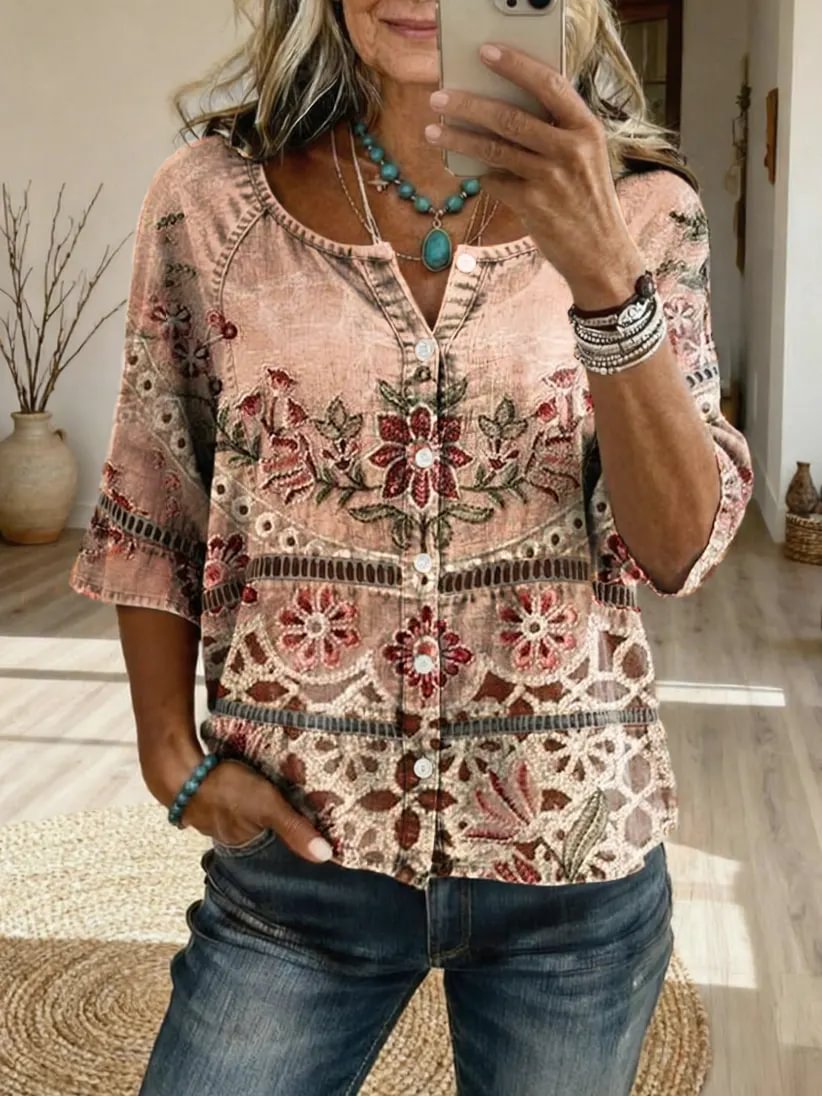 Women's Retro Pink Ethnic Floral Art Print Casual Long-Sleeve V-Neck Washed Cotton Denim Top