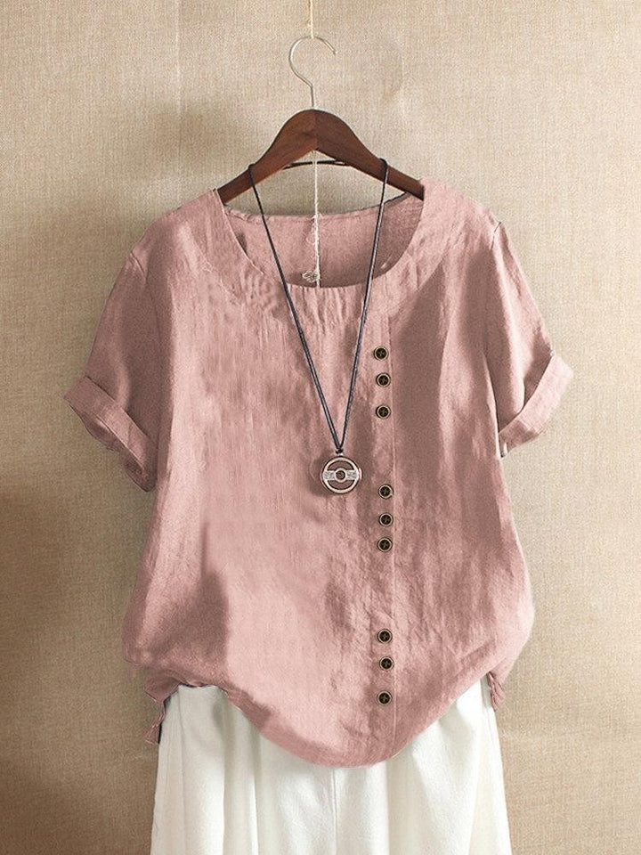 Comfysol Women's Vintage Loose Round Neck Button Short Sleeve Casual Cotton Blouse
