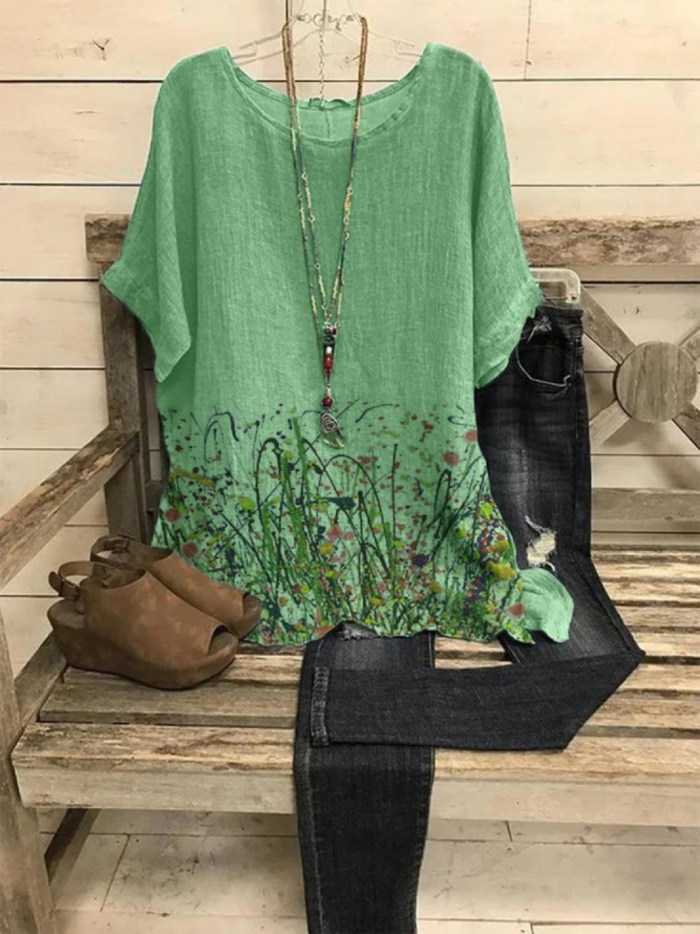 Comfysol Crew Neck Casual Floral Print Short Sleeve Blouse
